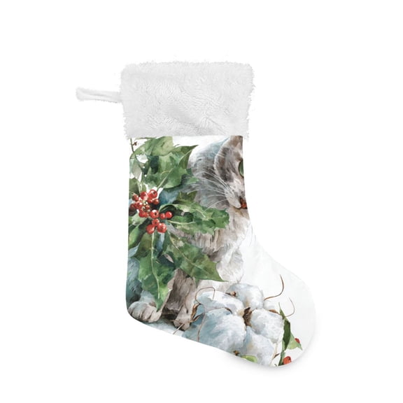 Christmas Cat Looking at Cotton Holly Leaves Christmas Stockings Large Capacity 18 inch Gift Bag with Hook Xmas Holiday Decor 1 Pack
