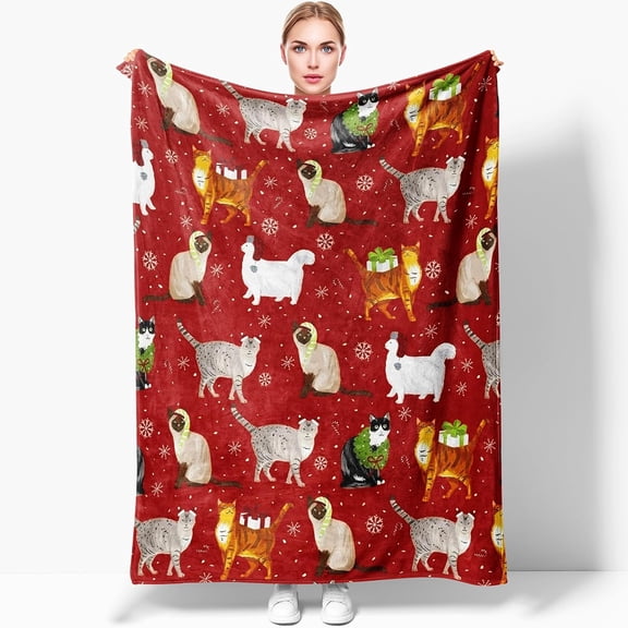 Christmas Cat Lovers Flannel Blanket - Cozy Holiday Blanket with Festive Cats in Santa Hats & Candy Canes, Soft Red Plaid for Couch, Bed & Gifts -50x40 inch