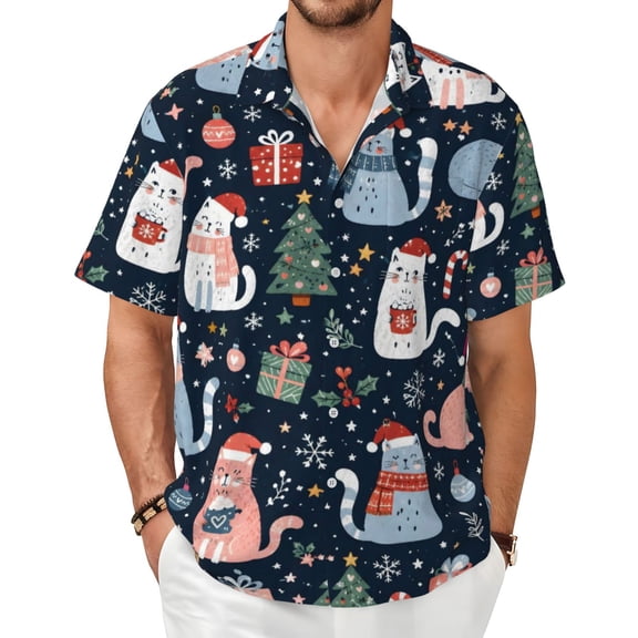 Christmas Cat Men's Shirts Short-Sleeved with All-Over Prints Button-Up Shirts