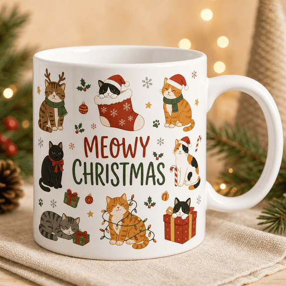 Christmas Cat Mug, Meowy Christmas 2D Flat Mug for Cat Lovers Holiday Gift