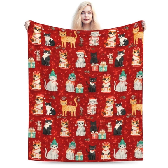 Christmas Cat Pattern Blanket Cute Holiday Throw Blanket Cozy Soft Home Decor Gift for Cat Lovers Family 50x40
