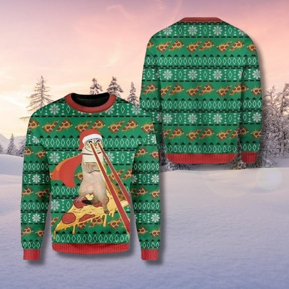 Christmas Cat Pizza Laser Eyes 3D Sweater - Funny Holiday Knit