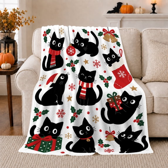 Christmas Cat, Playful Pet Portrait Pattern, Warm Flannel Blanket for Living Room and Reading Nook with Detailed Artwork, Cat Lovers Christmas Gift, Pet Lover Home Decor