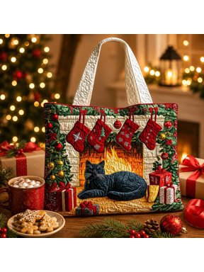 Christmas Cat Quilted Tote Bag, Black Cat Fireplace Purse, Holiday Stocking Patchwork Bag, Gift for Cat Lover