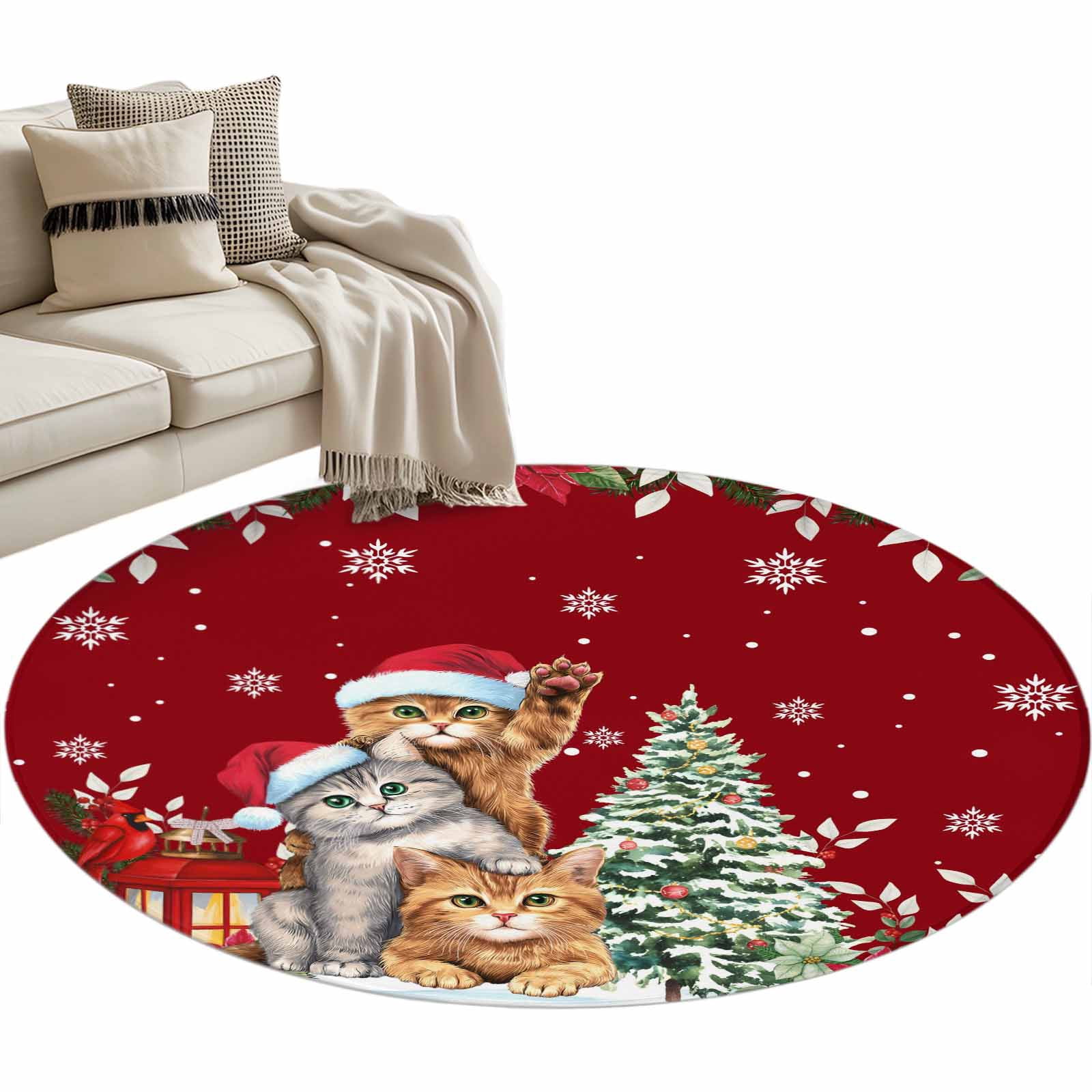 Xmas Tree Rug Christmas Cat Round Area Rug 3ft Winter Snowflake Xmas Tree Poinsettia ...