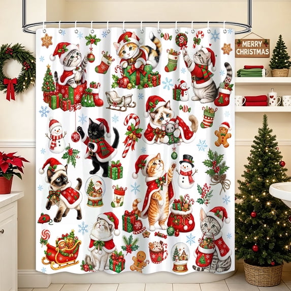 Christmas Cat Shower Curtain, Watercolor Santa Kitten Xmas Elements Pattern Bathroom Decor, Cute Winter Holiday Art, Waterproof Washable Fabric with Hooks,70X85in