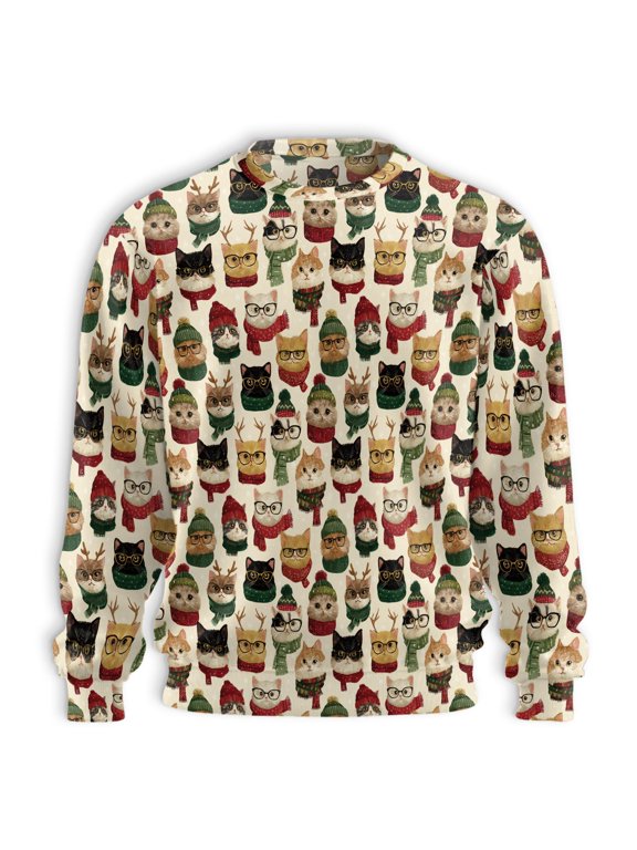Christmas Cat Sweatshirt, Cute Cats in Winter Hats Scarves and Reindeer Antlers Pattern Pullover, Holiday Crewneck for Men and Women