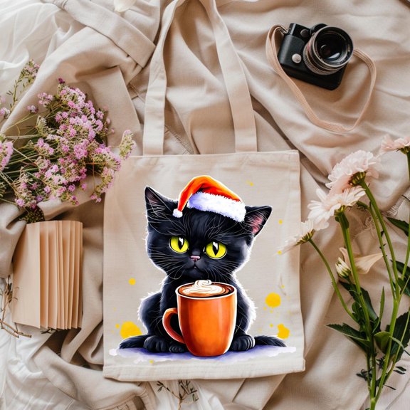 Christmas Cat Tote Bag Santa Kitty Coffee Lover Gift