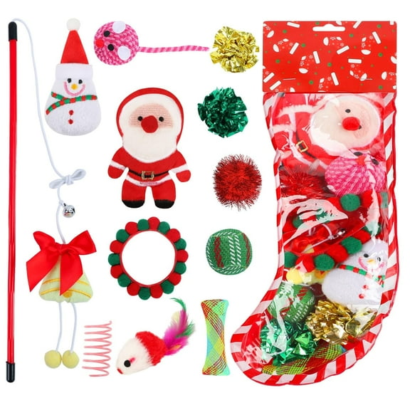 Christmas Cat Toys, 12Pcs Interactive Xmas Stocking Cat Toys Set with Squeaky Toys, Balls, Cat Teasers, Cat Gift
