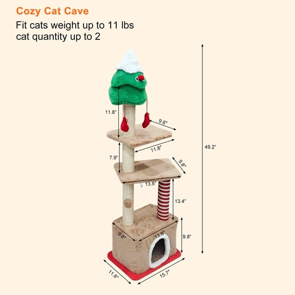 Christmas Cat Tree 49" Cat Tree Tower for Indoor Small Medium Cats Plush Multi-Level Activity Center with Cave Scratching Posts Perch Pet Toy for Christmas Decoration