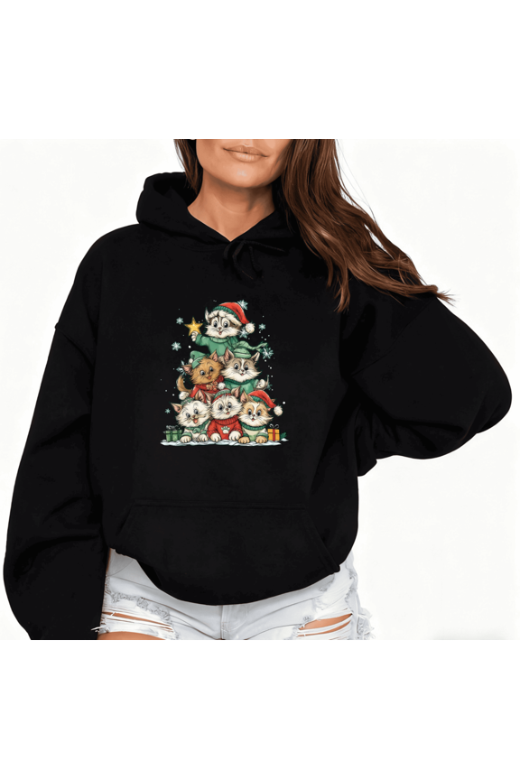 Christmas Cat Tree Kitten Graphic Casual Tee T-Shirt Top Print Hooded long-sleeved Black S-2XL