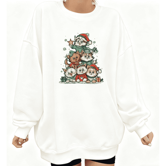 Christmas Cat Tree Kitten Graphic Tee T-Shirt Top Print Breathable Trendy Round-neck long-sleeved white S-3XL