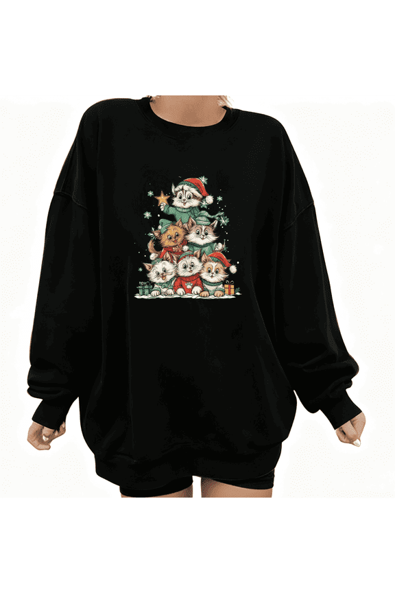 Christmas Cat Tree Kitten Graphic Tee T-Shirt Top Print Fashion Breathable Round-neck long-sleeved Black S-3XL