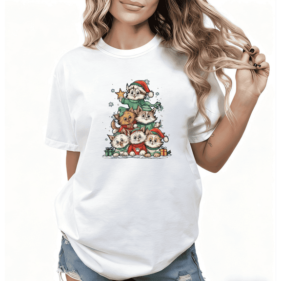 Christmas Cat Tree Kitten Graphic Tee T-Shirt Top Print Fashion and Cotton Short Sleeve Round Neck White S-5XL