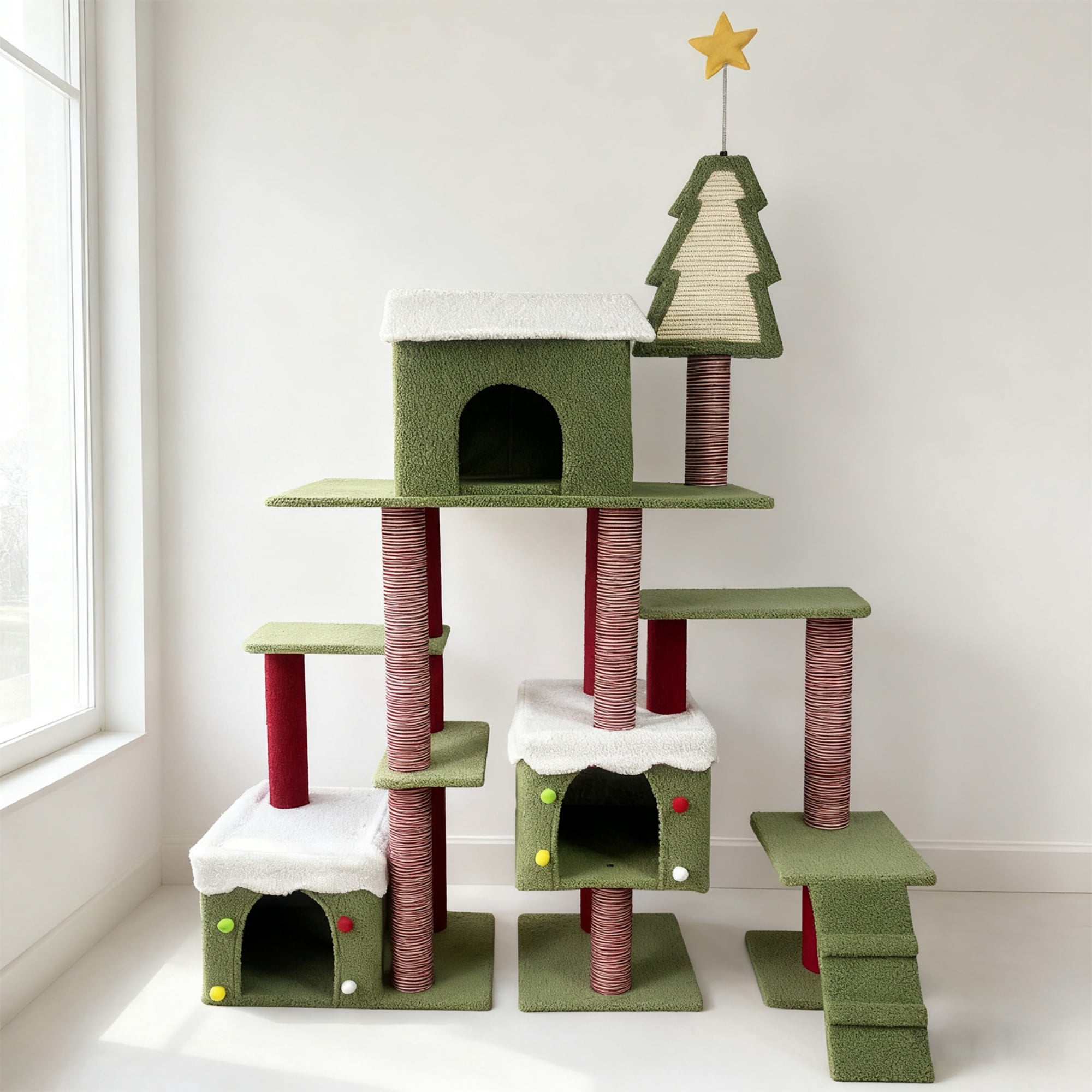 Christmas Cat Tree Tower with Festive Design, Multi-Level Play Haven with Sisal Scratching Posts and Cozy Hideaways, Red