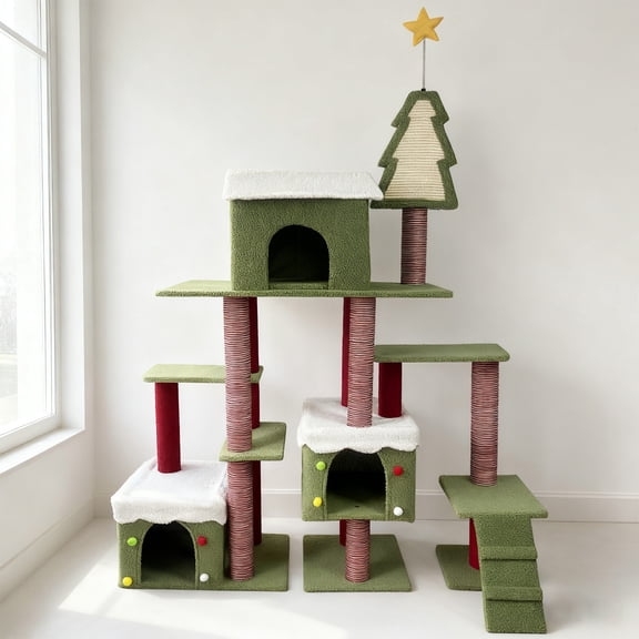 Christmas Cat Tree Tower with Festive Design, Multi-Level Play Haven with Sisal Scratching Posts and Cozy Hideaways, Red