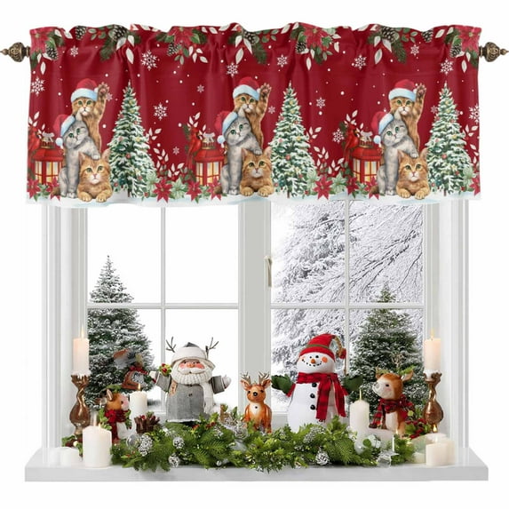 Christmas Cat Valance Curtain for Windows Winter Snowflake Xmas Tree Poinsettia Red Curtain Valances Short Window Treatments Panels for Kitchen Bathroom Laundry Room Basement 56 x 16 Inch