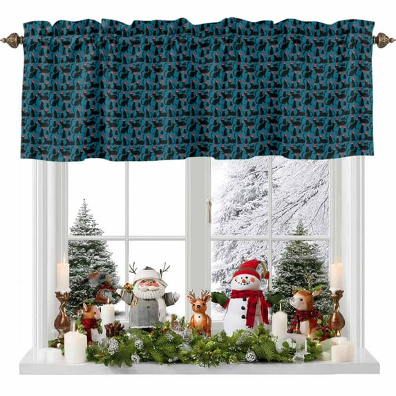 Christmas Cat Valances for Windows, 42 x 18in, Winter Xmas Santa Hat Blue Background Rod Pocket Kitchen Valance Curtain Light Filtering Window Treatments for Living Room Bedroom, 1 Panel