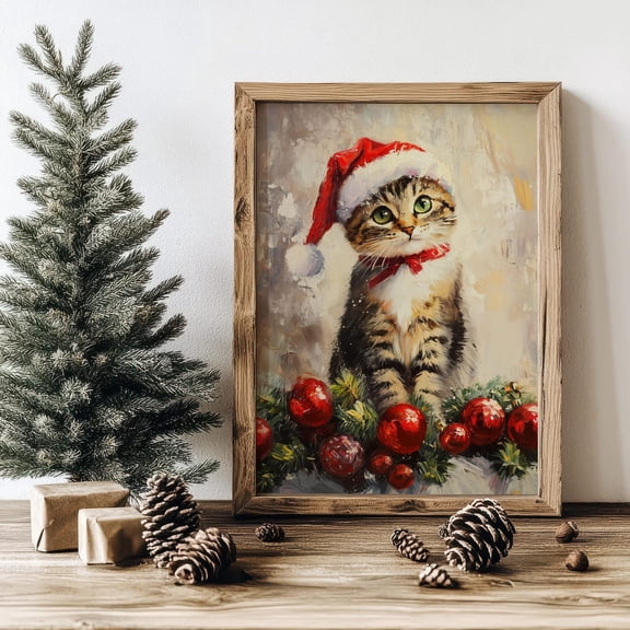Christmas Cat Wall Art, Vintage Holiday Cat Print, Cute Holiday Decor, Cat Lover Print, 12x18 UNFRAMED