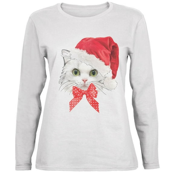 Christmas Cat White Womens Long Sleeve T-Shirt