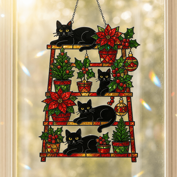 Christmas Cat Window Ornament Holographic Acrylic Sunlight Catcher Gift