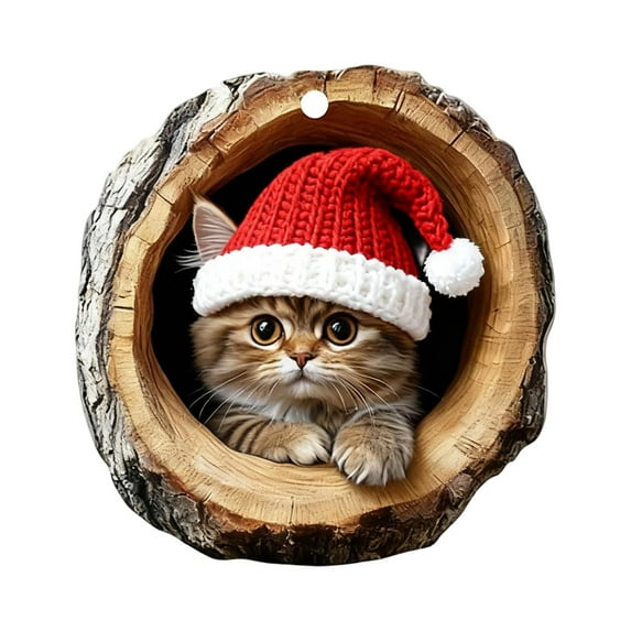 Christmas Cat with Xmas Hat Ornaments, 2D Acrylic Flat Commemorative Holiday Gift for Animal Lovers, Personalized Tree Decoration with Photo Slot, 3.1 inch