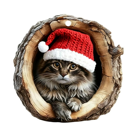 Christmas Cat with Xmas Hat Ornaments, 2D Acrylic Flat Commemorative Holiday Gift for Animal Lovers, Personalized Tree Decoration with Photo Slot, 3.1 inch