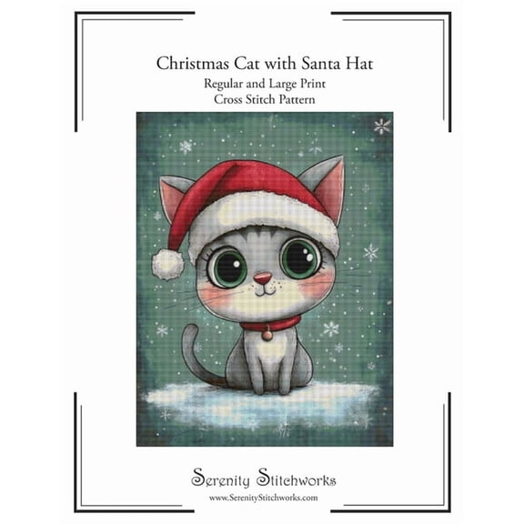 Christmas Cat with Santa Hat Cross Stitch Pattern: Regular and Large Print Cross Stitch Pattern, (Paperback)