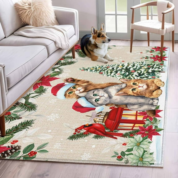 Christmas Cats Area Rug 4x6 Washable Rug Non Slip Xmas Tree Poinsettia Botanical Linen Texture Large Area Rug Indoor Floor Carpet for Entryway Bedroom Kitchen Living Room Office Dining Room Nursery