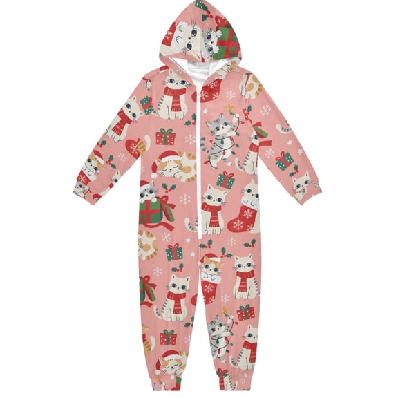 Christmas Cats Boys & Girls Hooded One-Piece Pajamas Warm Crystal velvet Hooded Long Sleeve Loungewear Jumpsuit Unisex