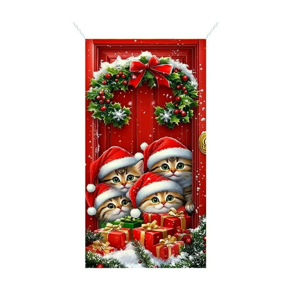 Christmas Cats Door Banner, Funny Merry Christmas Door Cover for Christmas Party Home Decor, Christmas Cutie Kitty Welcome Sign for Happy Holiday Front Door Decor, Christmas Banner 71x35 Inch