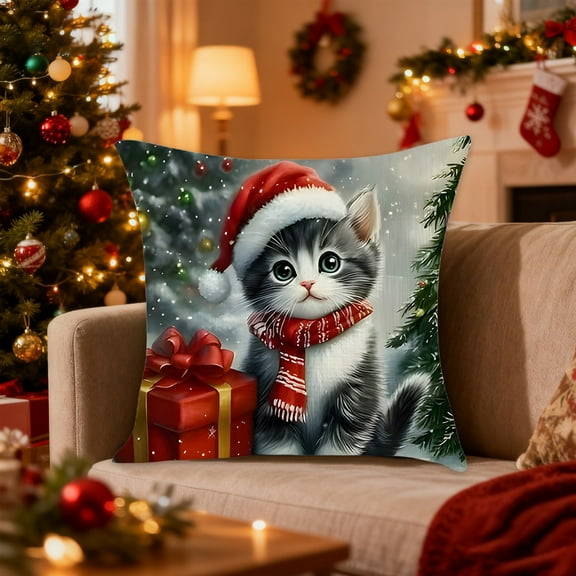 Christmas Cats Faux 3D Print Pillow Cover Holiday Theme Decor Sofa Throw Pillowcase Multicolor Options 18x18 Inch Festive Home Accent
