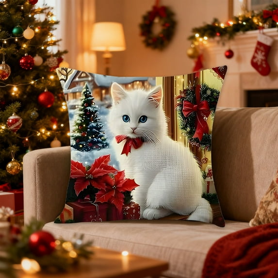 Christmas Cats Faux 3D Print Pillow Cover Holiday Theme Decor Sofa Throw Pillowcase Multicolor Options 18x18 Inch Festive Home Accent