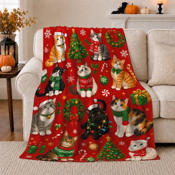 Christmas Cats Festive Red Grid Santa Hats Scarves, Festive Pet Portrait Pattern, Warm Flannel Blanket for Living Room and Bedroom, Cat Lovers Christmas Gift, Pet Lover Home Decor