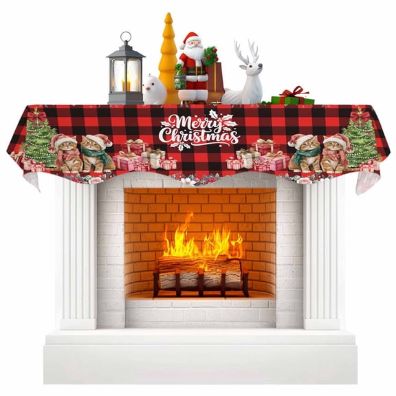 Christmas Cats Fireplace Mantel Scarf Table Runner, XmasTree Winter Gifts Floral Red Black Plaid Winter Garland Mantel Top Tablerunners Dresser Scarves Cover Decorations for Party Living Room 90"x17"
