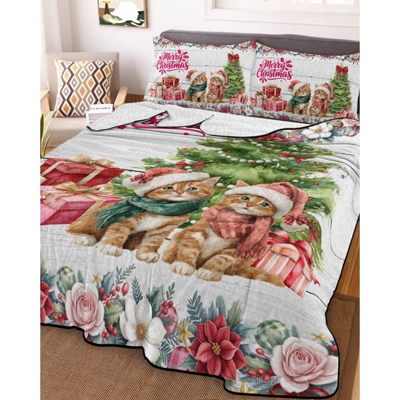 Christmas Cats King Size Down Alternative Comforter, Lightweight Comforter Quilt Bedding Set with Pillow Shams XmasTree Winter Gifts Floral Grey Wooden All Seasons Bed Comforter Duvet Insert 96"x106"