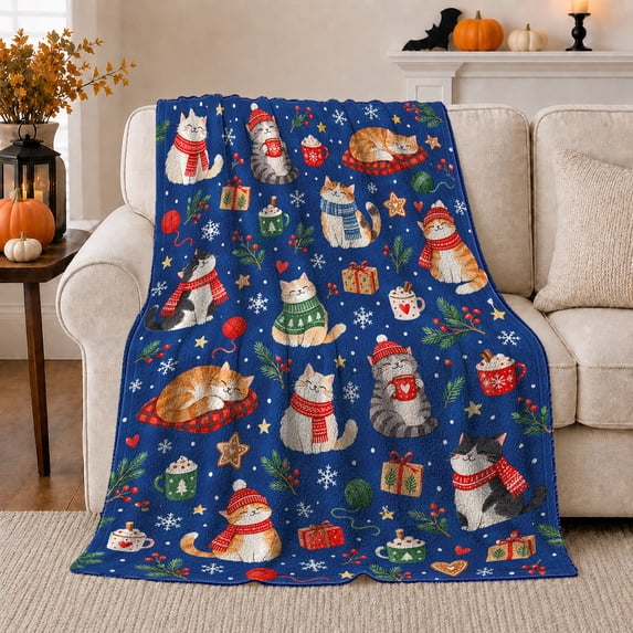 Christmas Cats, Mugs, and Wrapped Gifts on Blue, Playful Pet Portrait, Warm Flannel Blanket for Living Room and Reading Nook, Cat Lovers Christmas Gift, Pet Lover Home Decor