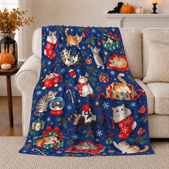 Christmas Cats Navy Blue Pattern Playful Holiday Illustration, Playful Pet Portrait Pattern, Warm Flannel Blanket for Living Room and Bedroom, Cat Lovers Christmas Gift, Pet Lover Home Decor