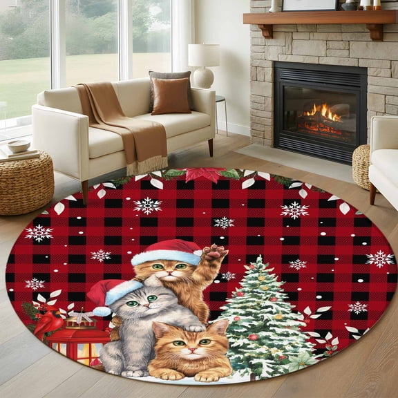Christmas Cats Round Rug 5ft Washable Circle Kitchen Rugs Non Slip Xmas Tree Poinsettia Botanical Red Buffalo Plaid Large Area Rug Indoor Floor Carpet for Bedroom Office Dining Room Nursery