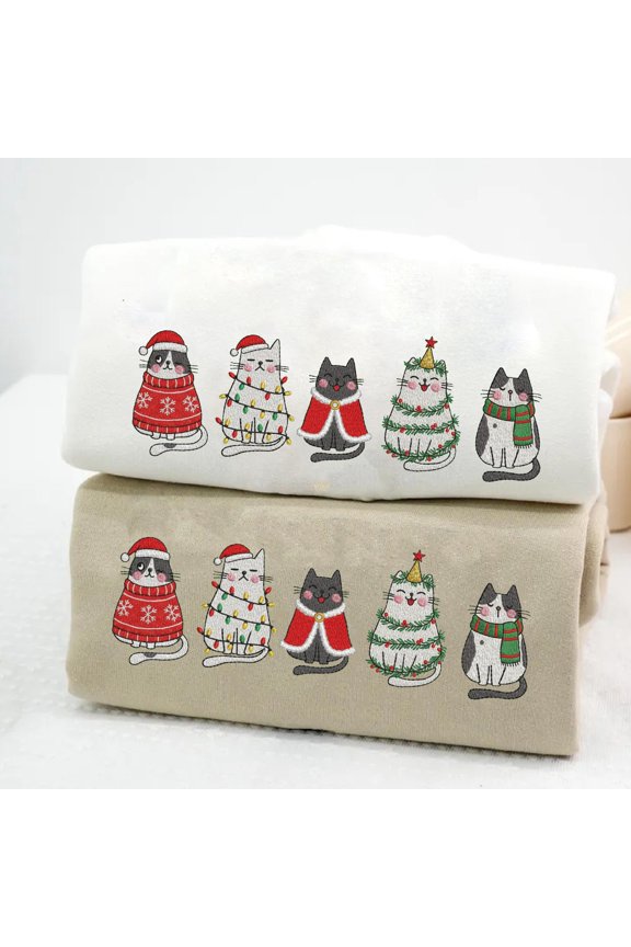 Christmas Cats Sweatshirt, Cute Cat Tree Embroidery Hoodie, Holiday Shirt with Festive Cats, Xmas Gift for Cat Lovers