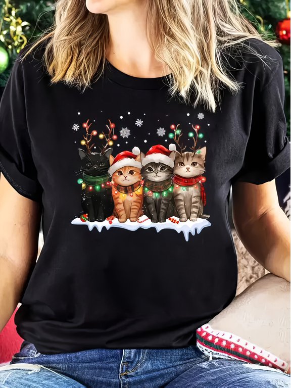 Christmas Cats T-Shirt, Santa Hat Reindeer Antlers Lights Holiday Graphic Tee