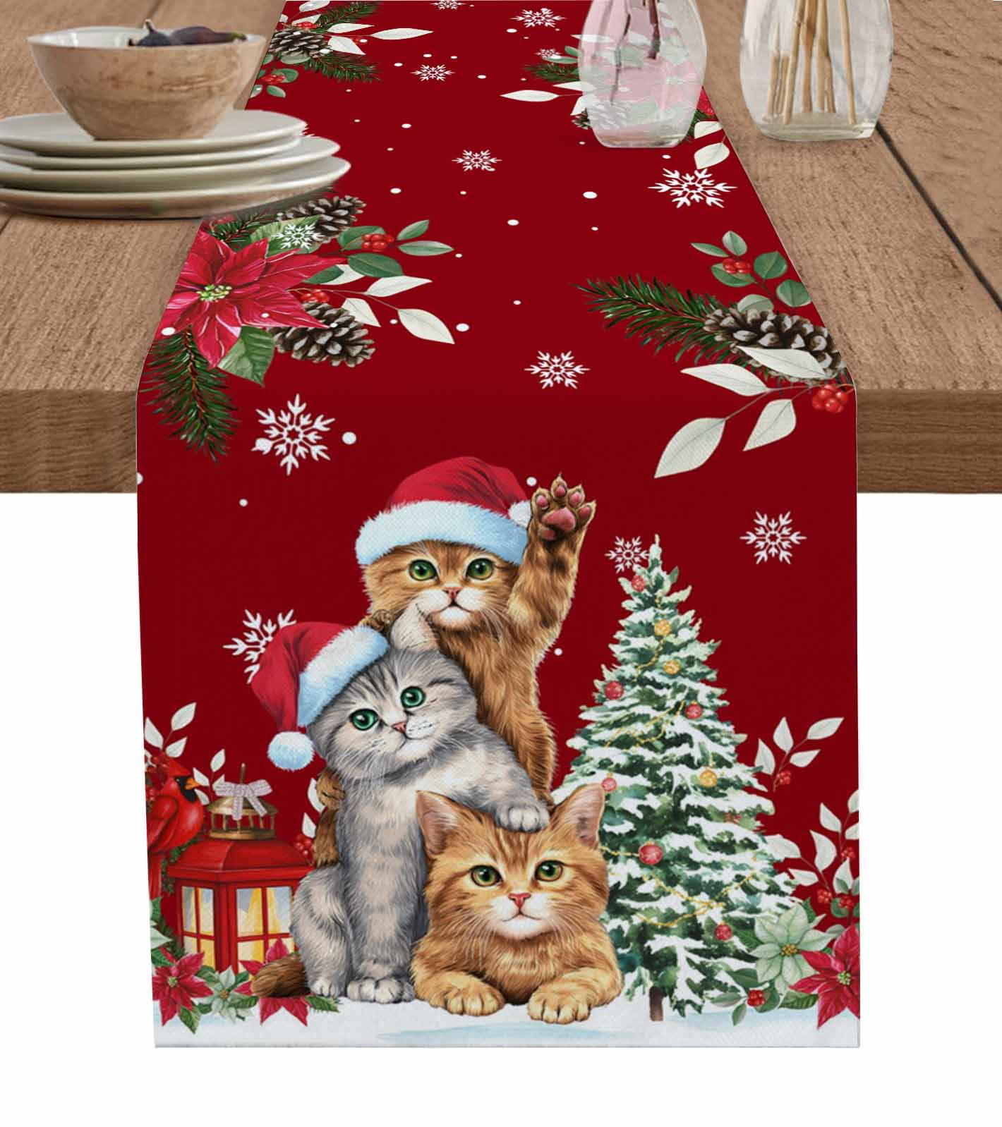 Christmas Cats Table Runner 60 Inches, Xmas Tree Poinsettia Botanical ...