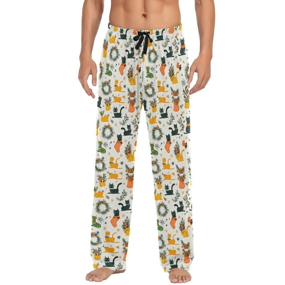 Christmas Cats and Leaves Men's Pajama Pants with Pocket Lounge Pants Pajama Sleep Pant Pj Comfortable