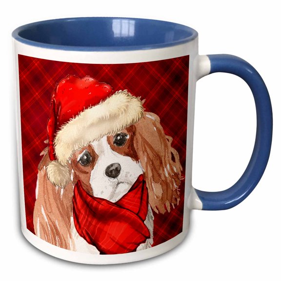 3drose, Christmas Cavalier King Charles Santa Dog with Red Holiday Plaid, 11oz Two-tone Blue Mug