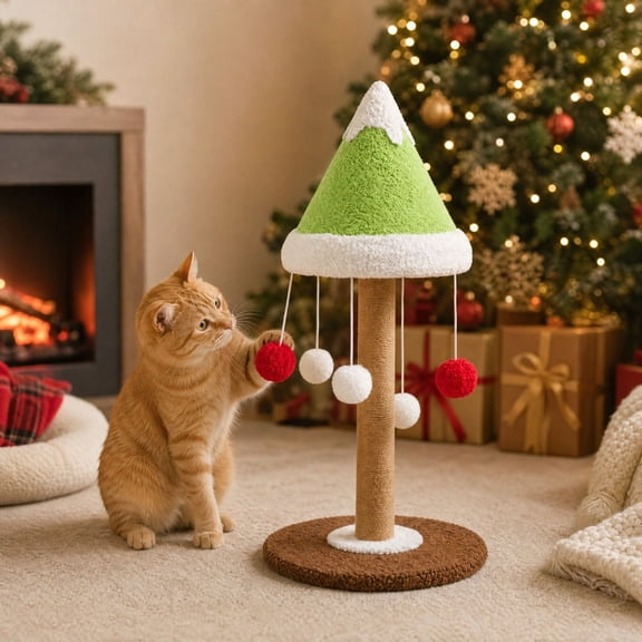 Christmas Cedar Cat Tree 22.4in Tall Sisal Scratching Post with Teaser Stick & Catnip Bin Non-Shedding Cat Scratcher Climbing Tower