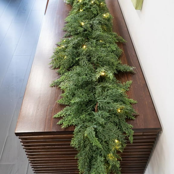 Christmas Cedar Garland 9 Ft with 50 LED Lights, 140 Tips, Realistic Faux Greenery for Fireplace Mantle Wall Indoor Outdoor Holiday Decor