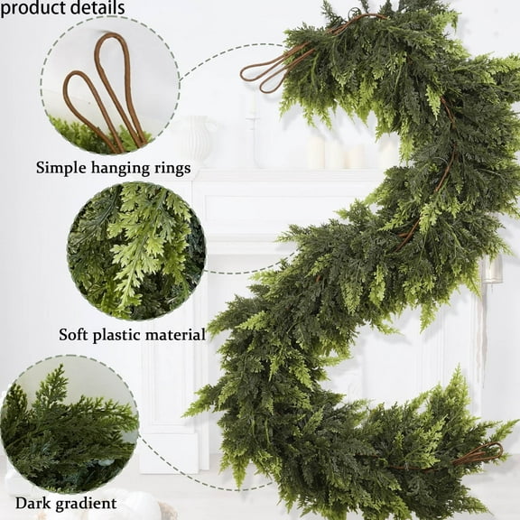 Christmas Cedar Garland Thick and Lush Realistic Artificial Cedar Garland Cedar Pine Needles Garland for Christmas Winter Home Mantel Fireplace Holiday Party Decor Indoor Outdoor,Green/9ft