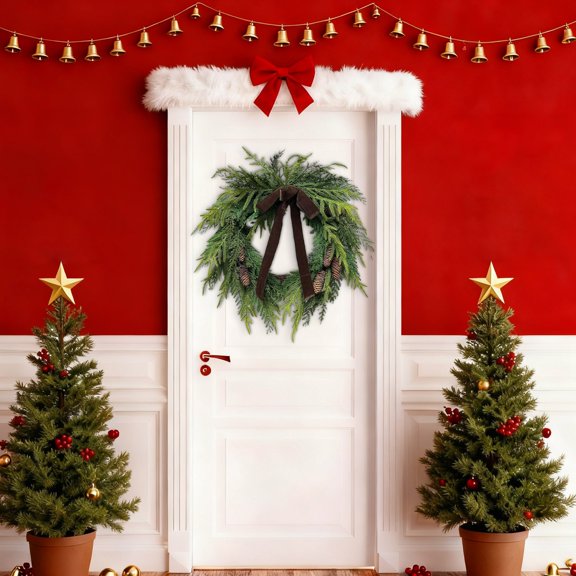 Christmas Cedar Pinecone Wreath For Front Door Year Round Faux Greenery With Bow Ribbon For Indoor Outdoor Wall Window Home Decor