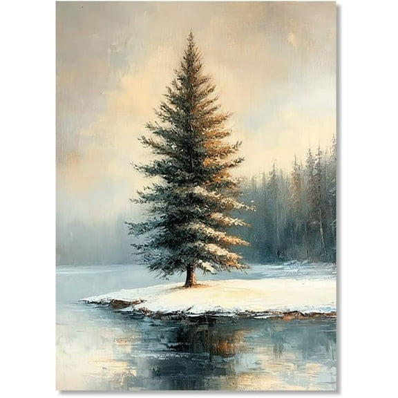 Christmas Cedar Tree Snow Landscape Poster Farmhouse Elk Pine Cones Snowman Canvas Print Winter Forest Wall Art Pictures Living Room Decor (SKU1,16 x24inch=(40 x60 cm),Unframed)