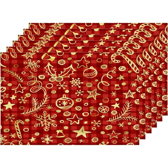 Christmas Celebration Placemats, Red Christmas Checkered Table Mat Linen Burlap Washable Double-Deck Heat Insulation for Dining Table Kitchen Table Set of 6 (12 X 18 Inch)
